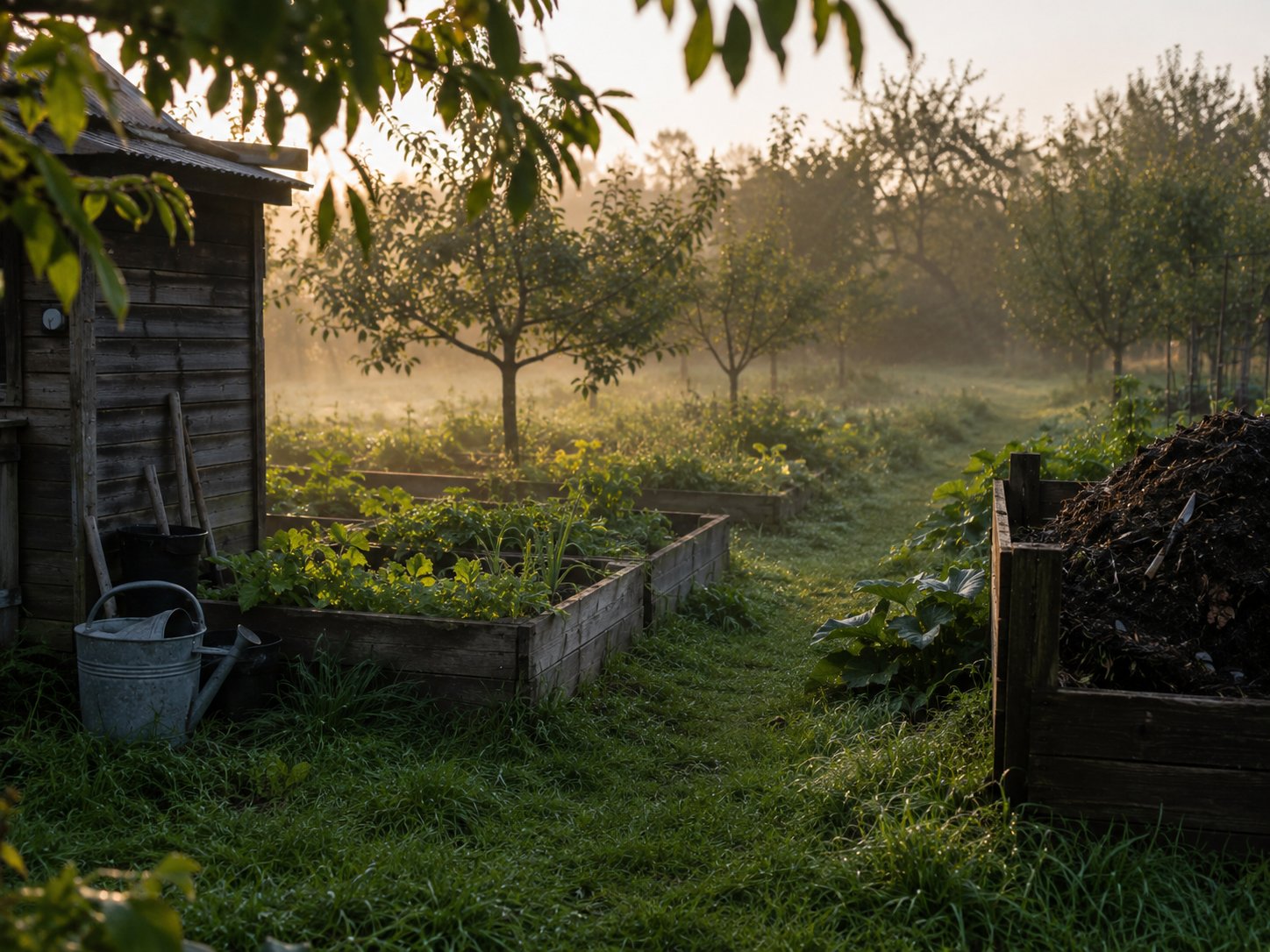 A kitchen garden in Witzenhausen at dawn. Raised beds with young vegetables, low fruit trees, a wooden shed with a watering can, a dark compost pile alive at the side. The town's church spire rises through morning mist in the distance.